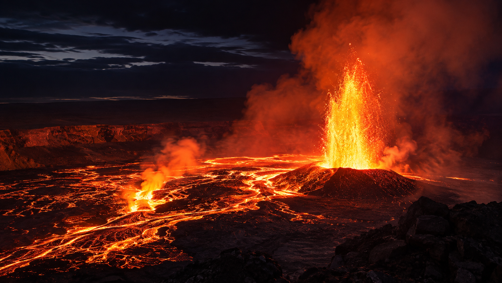 Kīlauea lava fountains and glowing lava within Halemaʻumaʻu
